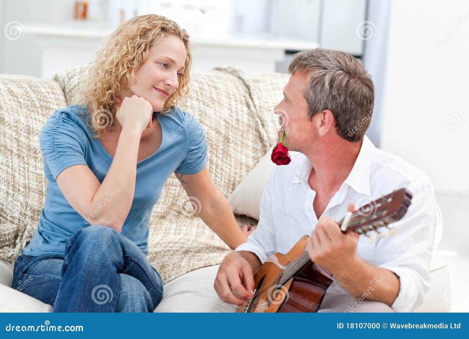  Romantic  Man Playing Guitar For Her Wife  At Home  Stock 