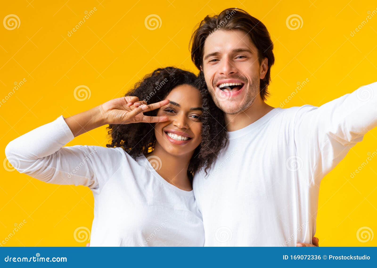 Download Romantic Mixed-Race Couple Taking Selfie. Cheerful Black ...