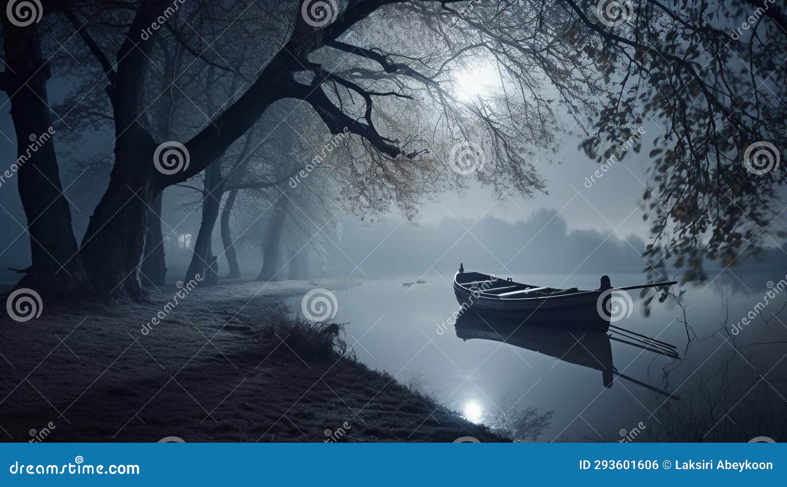 romantic moonlit riverfront cold fog ai generative image