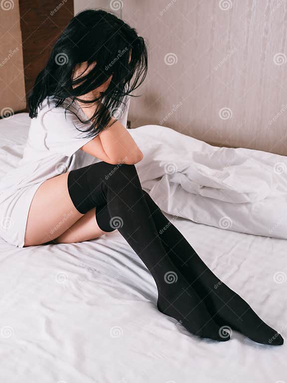 Romantic Morning Woman T Shirt Black Stockings Bed Stock Image Image 