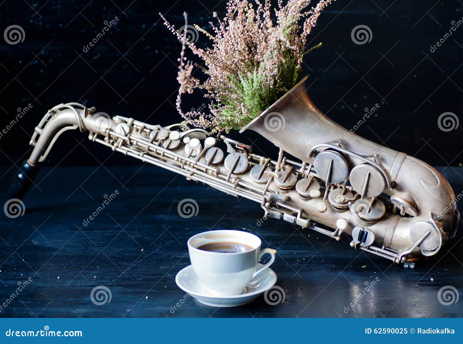 Romantic Morning with Coffee Cup and Flowers in Saxophone Stock Image