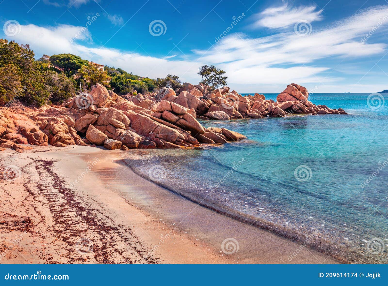 romantic morning scene of popular touris deastination - capriccioli beach. wonderful summer view of public beach with sand