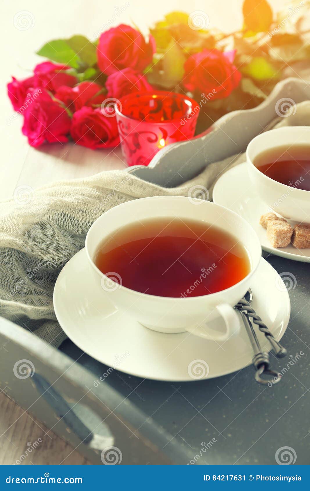 Romantic Morning Tea for Two with Candles and Red Roses Stock ...