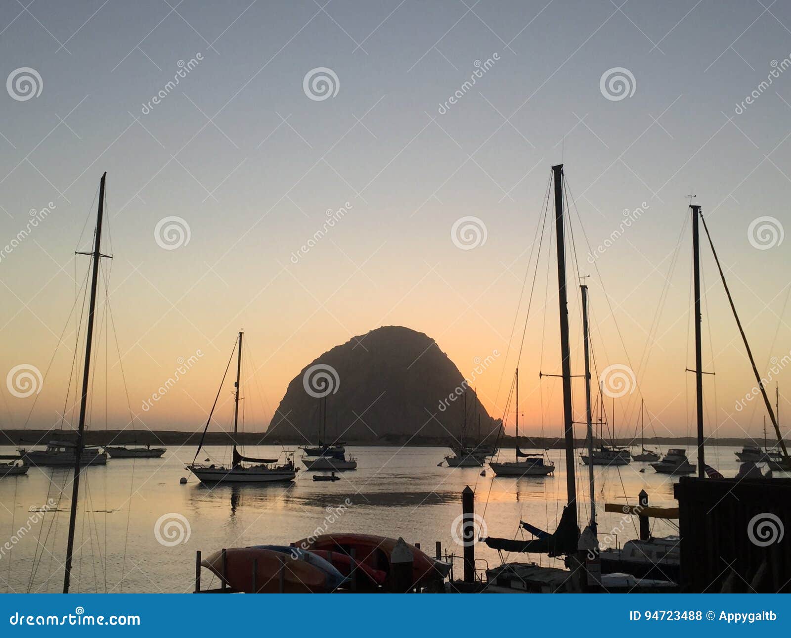 Romantic Morro Bay Harbor Sunset With Morro Rock Stock Photo Image Of