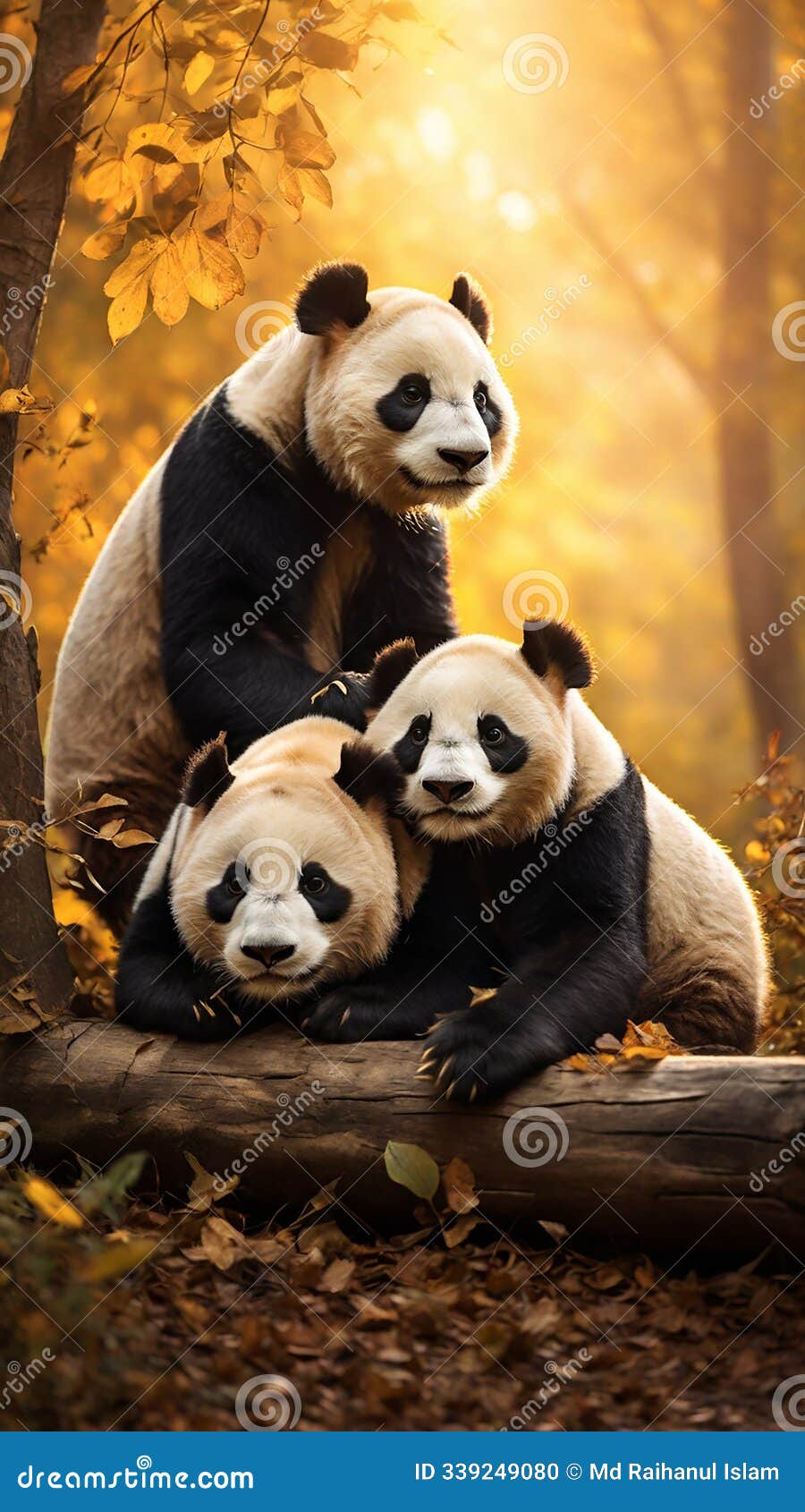 romantic pandas resting on a log with leaves and a warm sunset backdrop â natureâs wildlife love story.