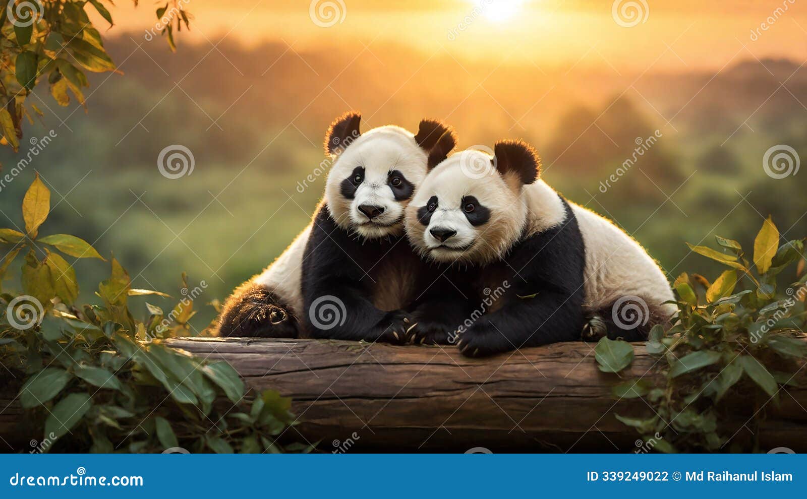 romantic pandas resting on a log with leaves and a warm sunset backdrop â natureâs wildlife love story.