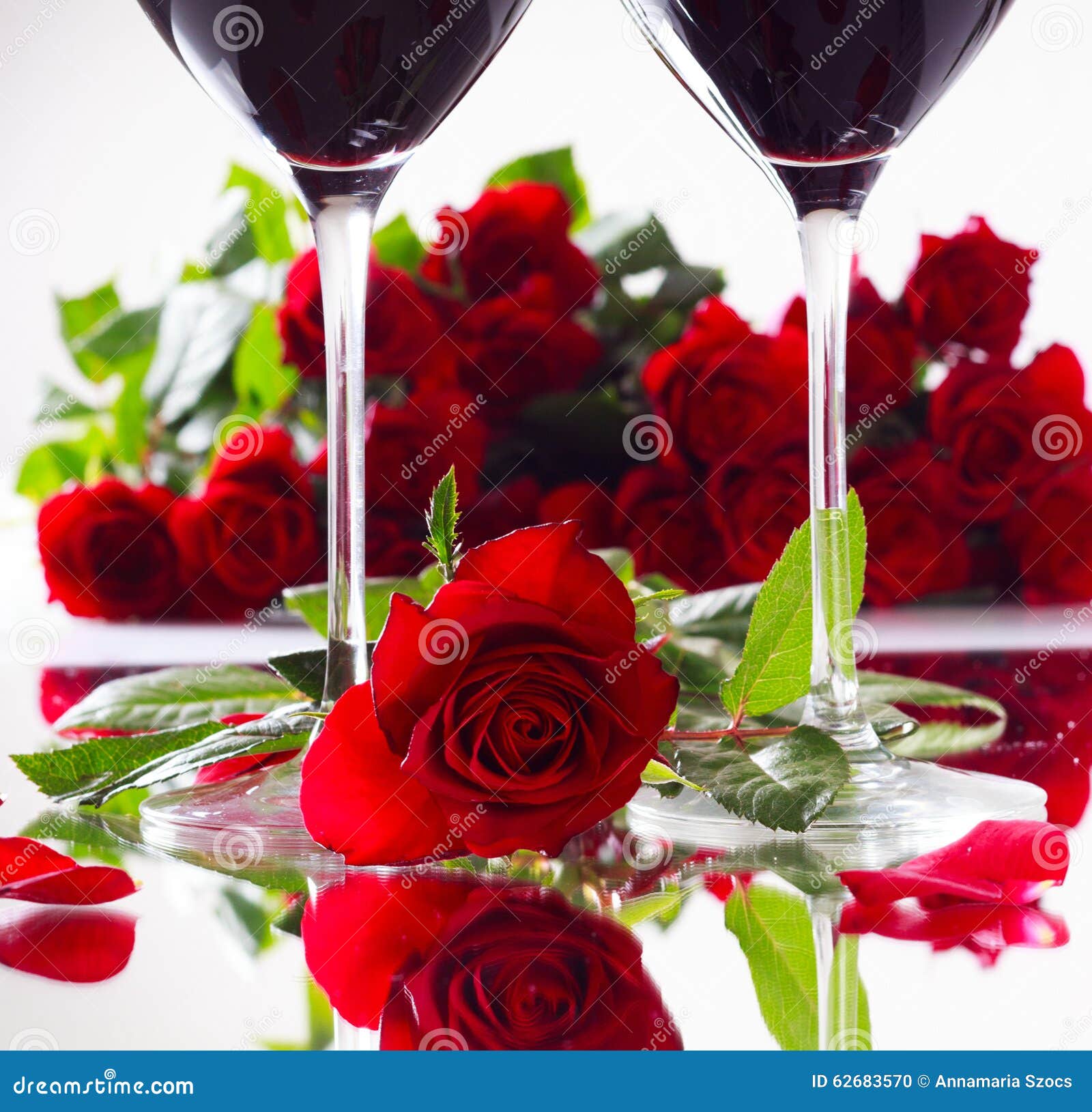 Romantic Red Roses with Two Glasses of Red Wine Stock Photo Image of