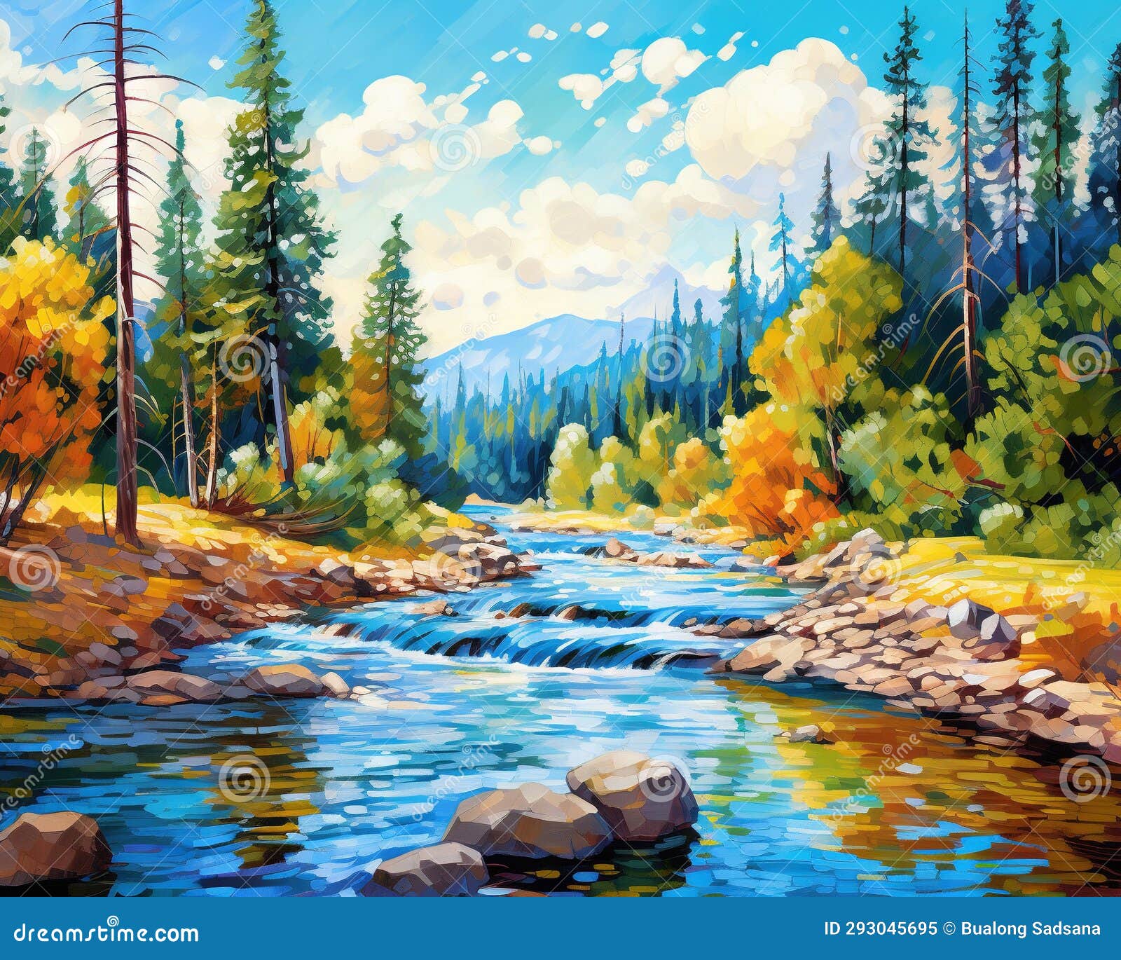 in a romantic scene surrounded by pine trees, pnting pnted in colors of the river bed.