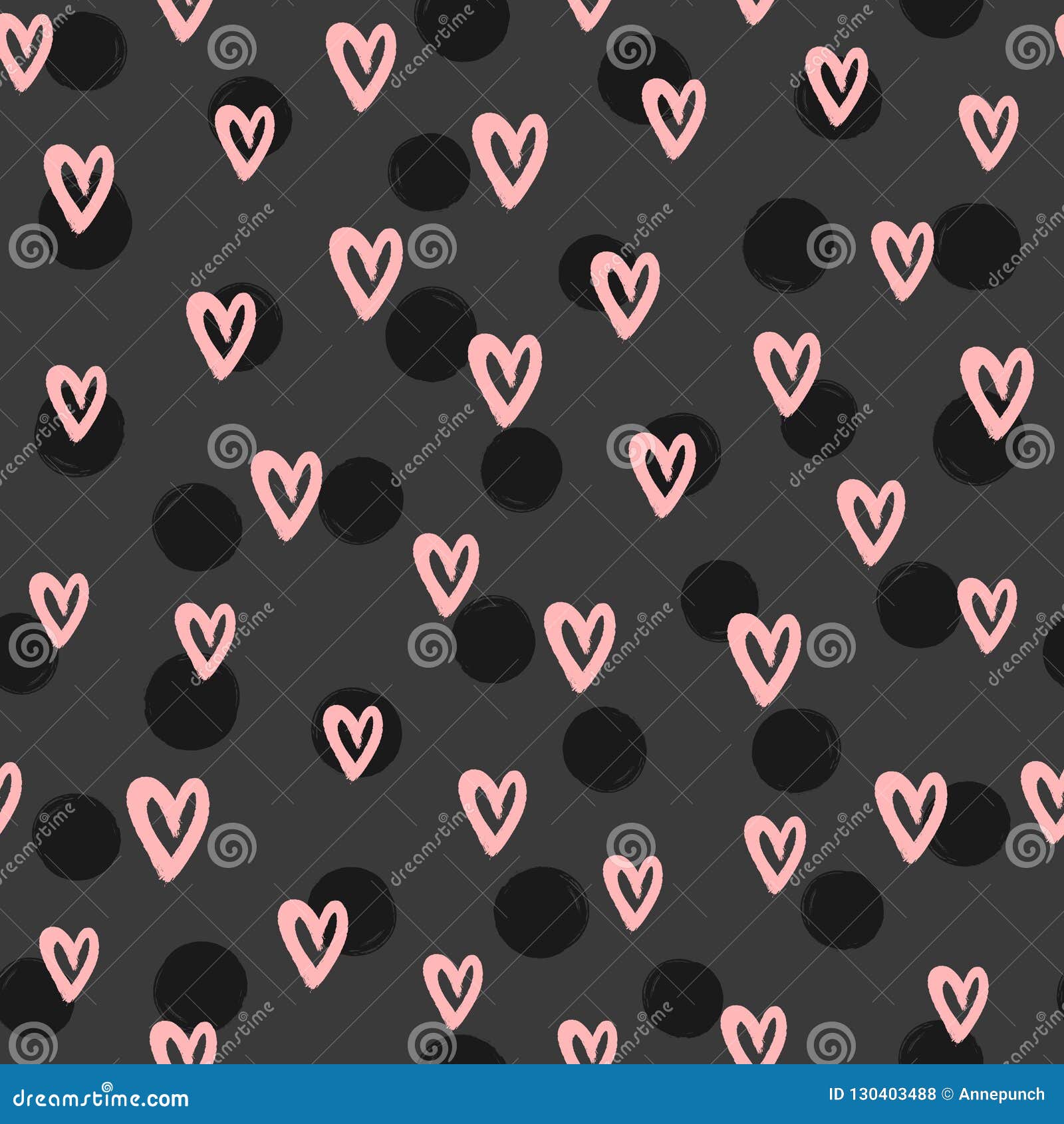 romantic seamless pattern with round spots and hearts drawn by hand with rough brush. sketch, watercolor, paint, ink.
