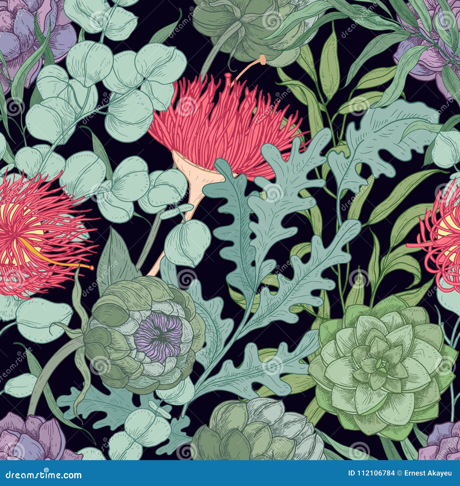 romantic seamless pattern with wild blooming flowers and herbs used in floristry hand drawn on black background