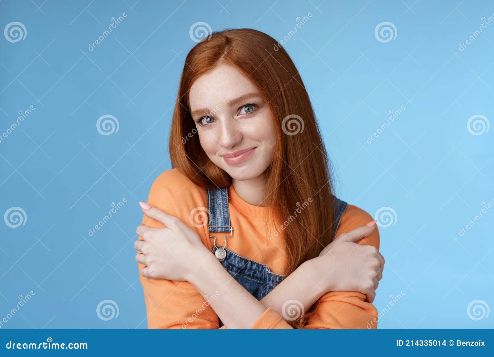Romantic Sensitive Flirty Young Redhead Girlfriend Feel Warmth Embraces Hugging Herself Hands 