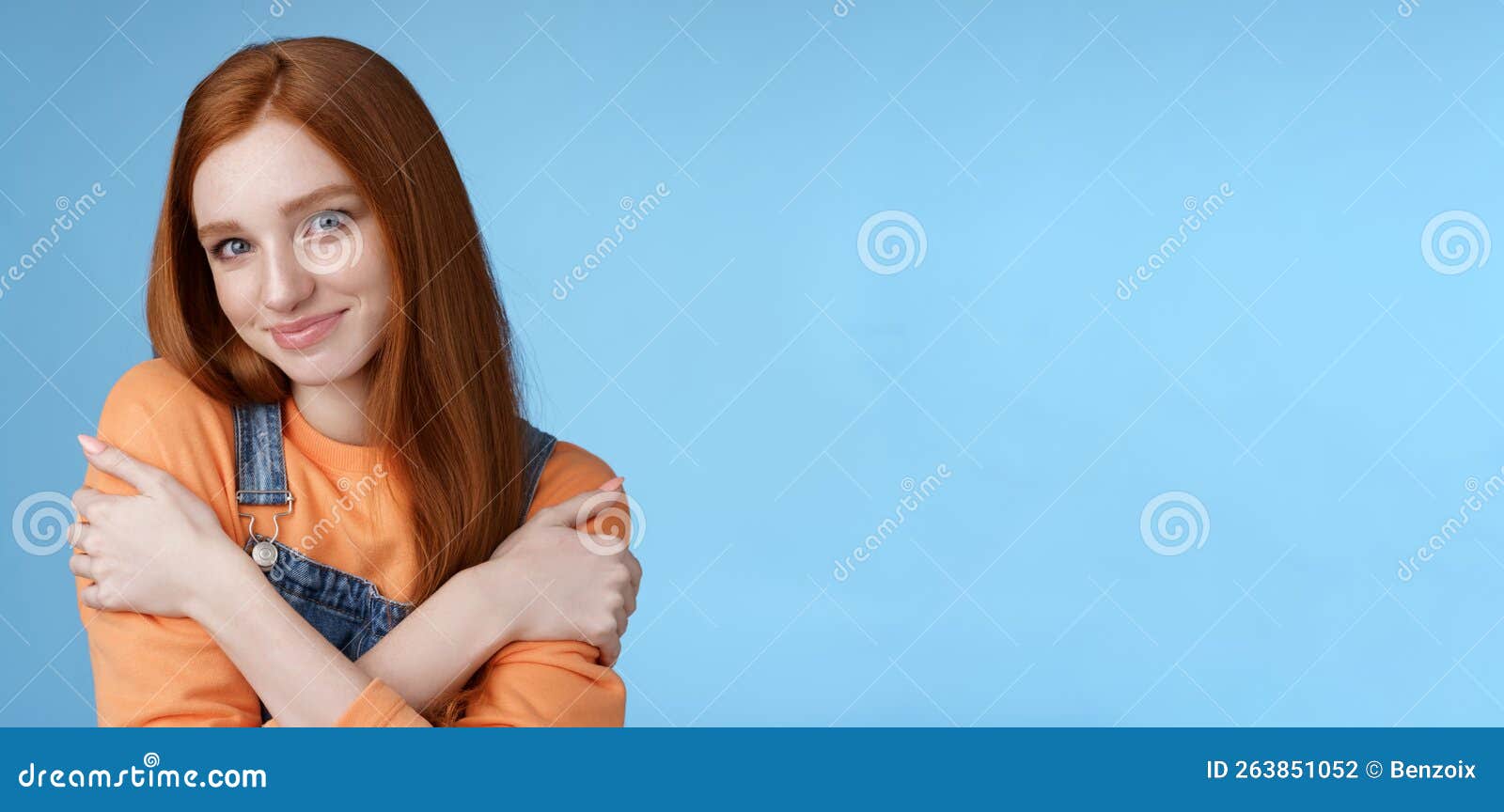 Romantic Sensitive Flirty Young Redhead Girlfriend Feel Warmth Embraces Hugging Herself Hands 