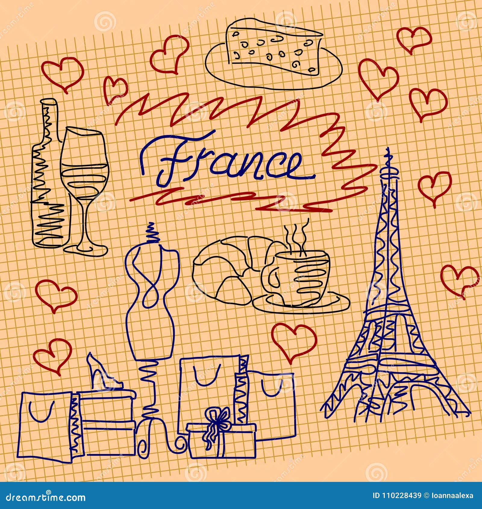 Romantic Set Signs of France in the Form of a Drawings by Colored Pens on  the Squared Paper Stock Vector - Illustration of clipart, cheese: 110228439