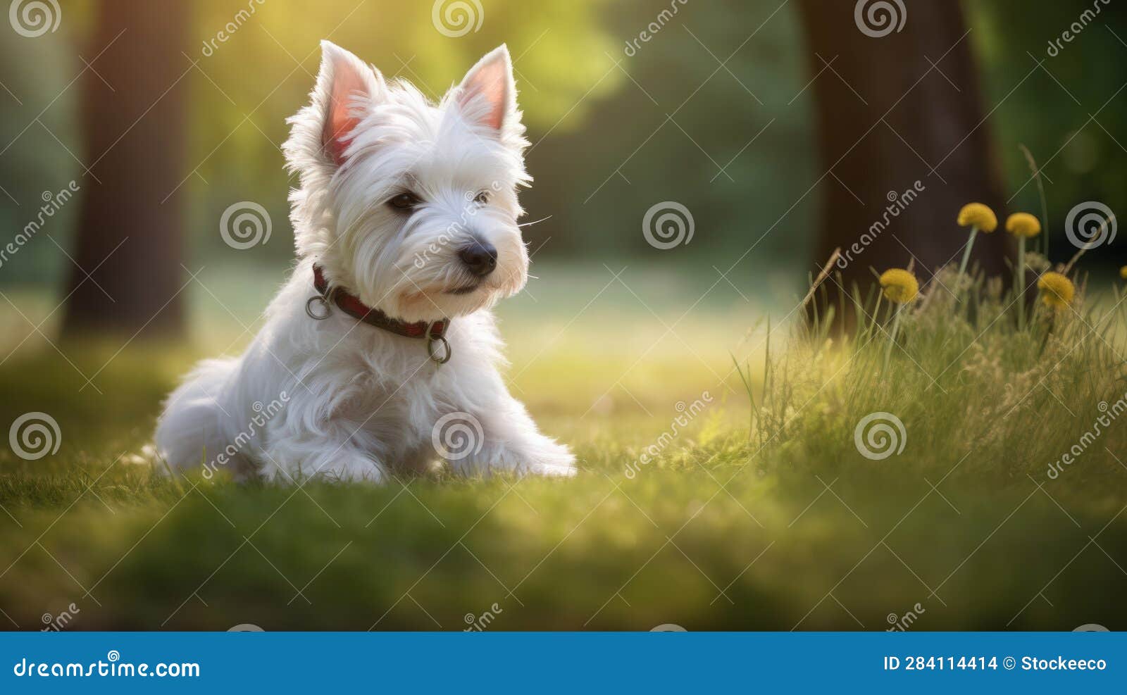 romantic soft focus: west highland terrier dog in tranquil gardenscapes