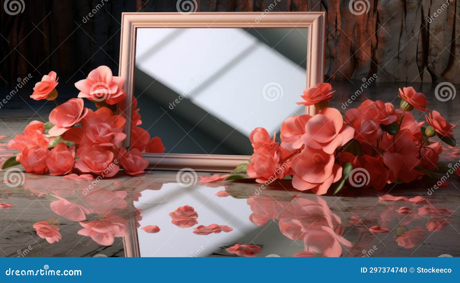 romantic still life: begonia on reflectant floor - frame story mockup