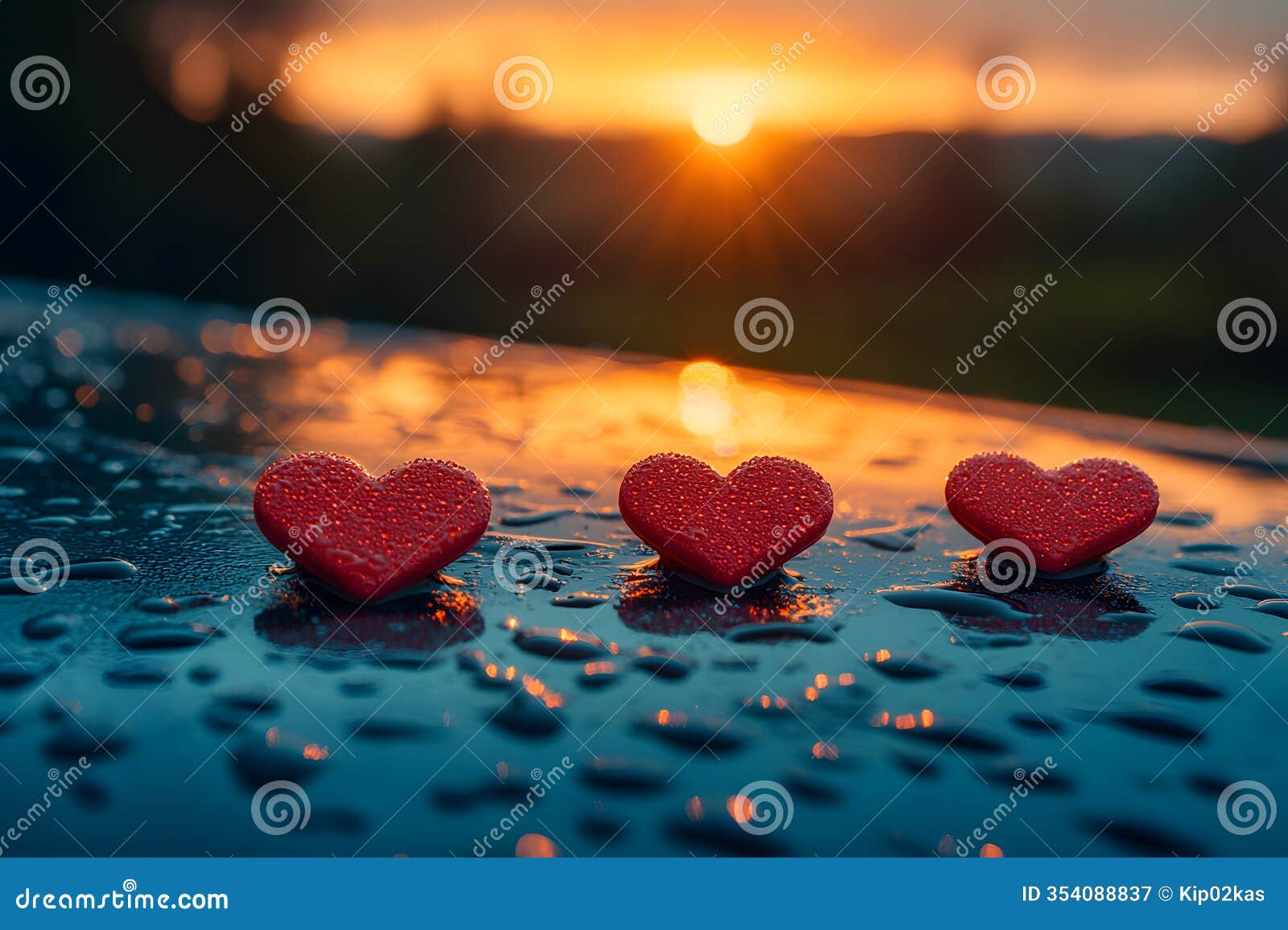 romantic sunset with heart-d objects on wet surface for valentine's day themes generative ai