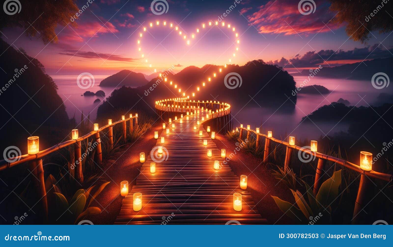 romantic sunset view with heart-d light installation, ai generated