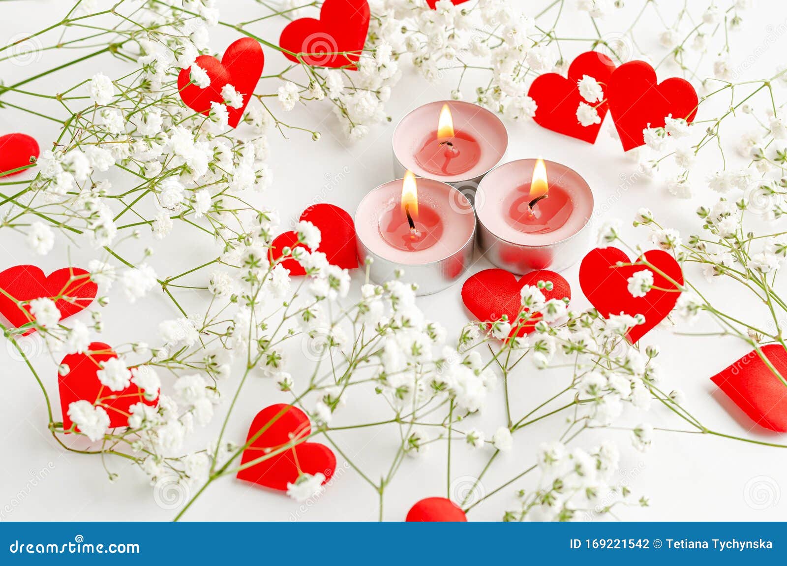 Romantic Valentines Day Background. Burning Candles and Red Hearts ...