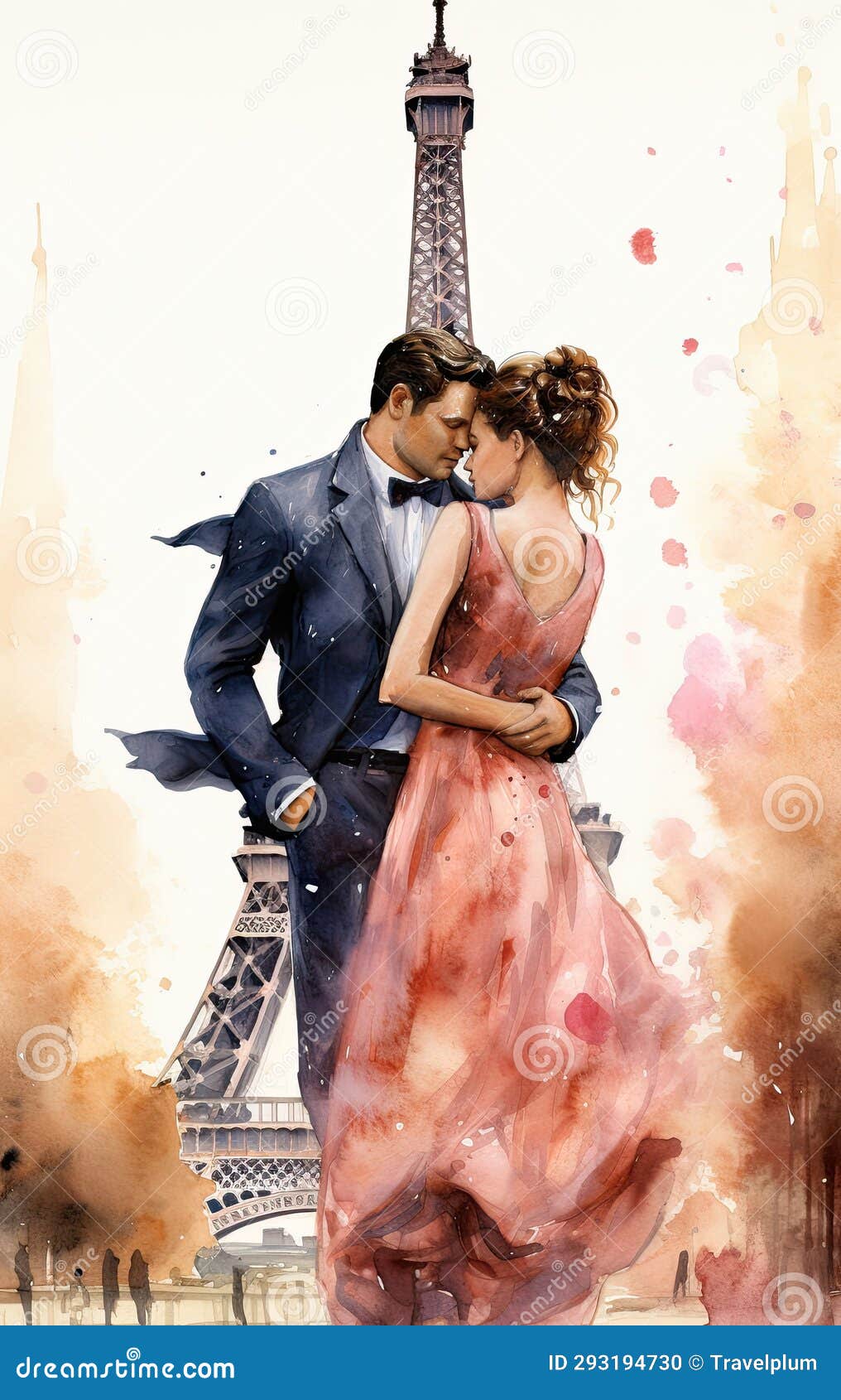 Romantic Watercolor Illustration of a Man and a Stylishly Dressed Woman ...