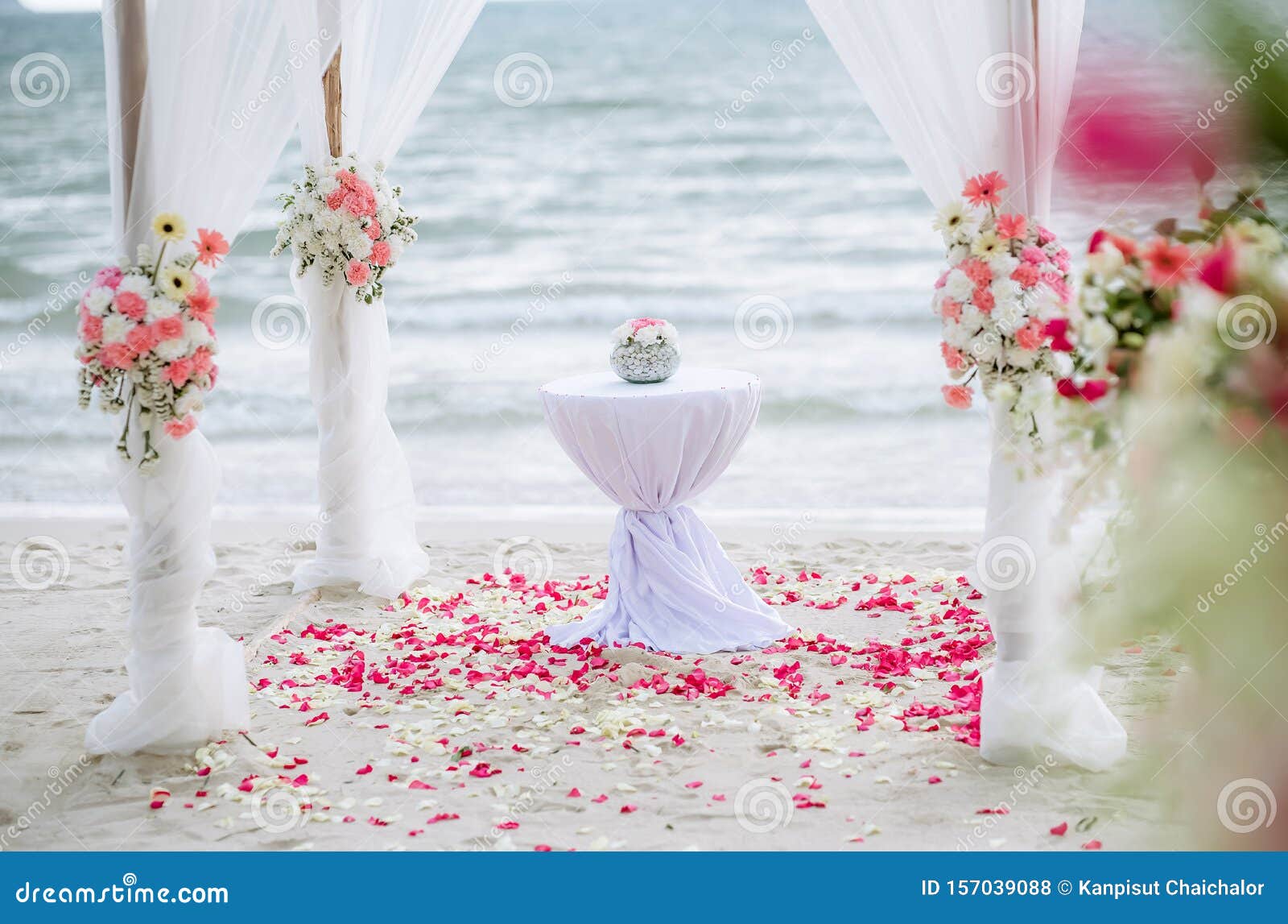 Romantic Wedding Ceremony on the Beach. Wedding Setting on the Beach.  Flowers Wedding Ceremony by the Sea Stock Photo - Image of decoration,  lantern: 157039088