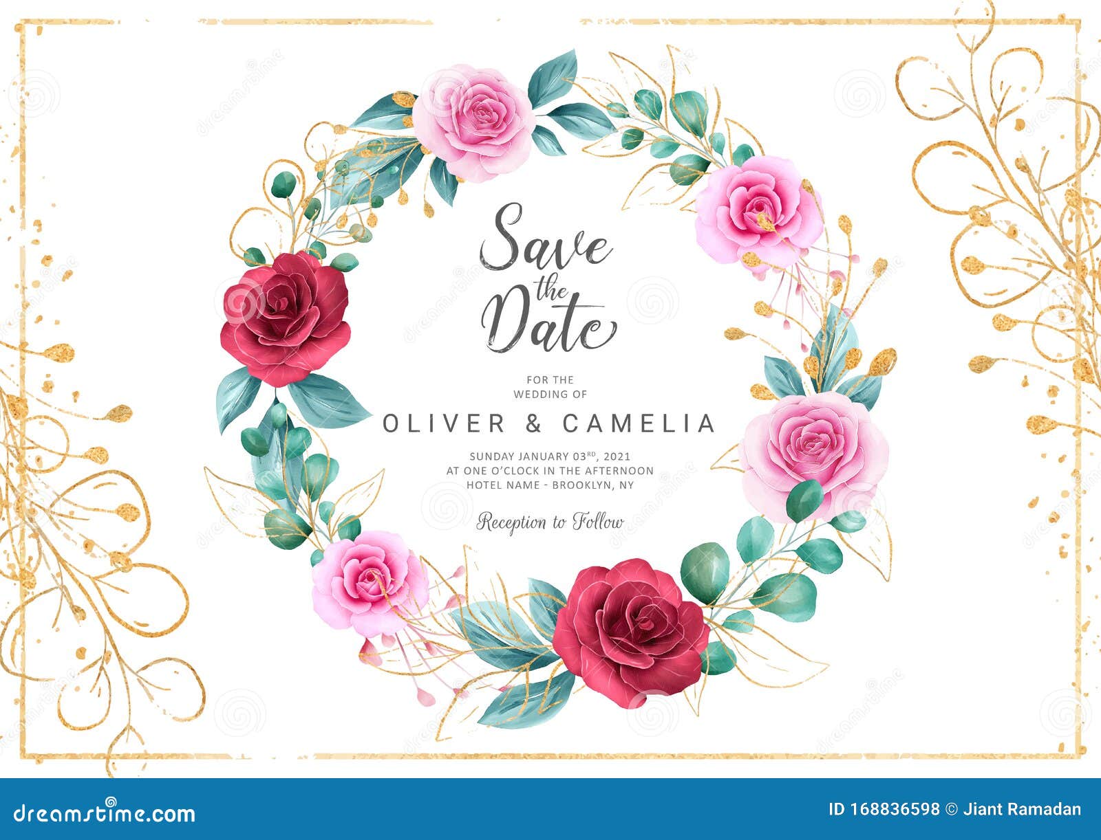 WEDDING INVITATION Floral Gold Wreath Save the Date Printable
