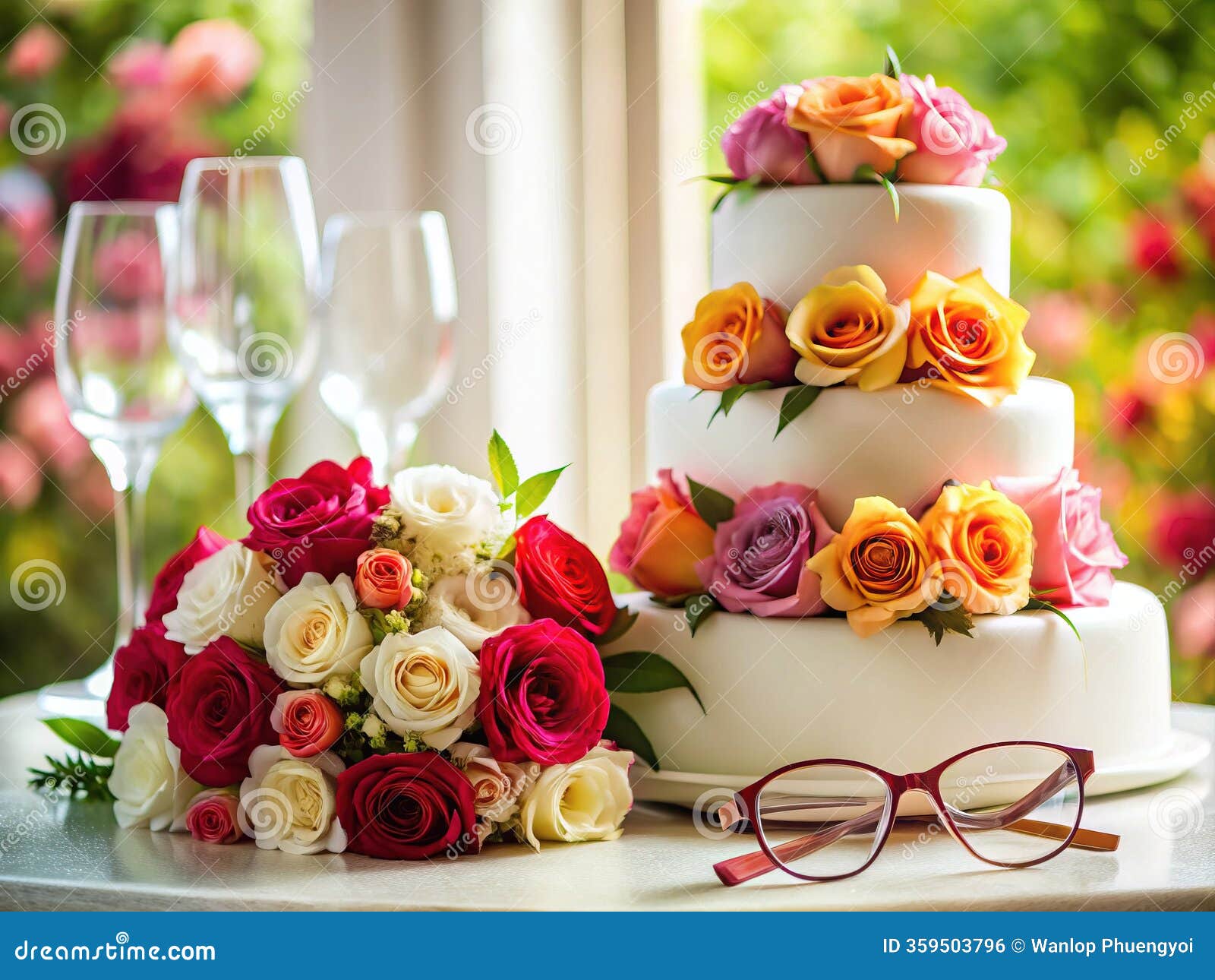 a romantic wedding vision exquisite bridal bouquet and rosecolored glasses on a stunning wedding cake