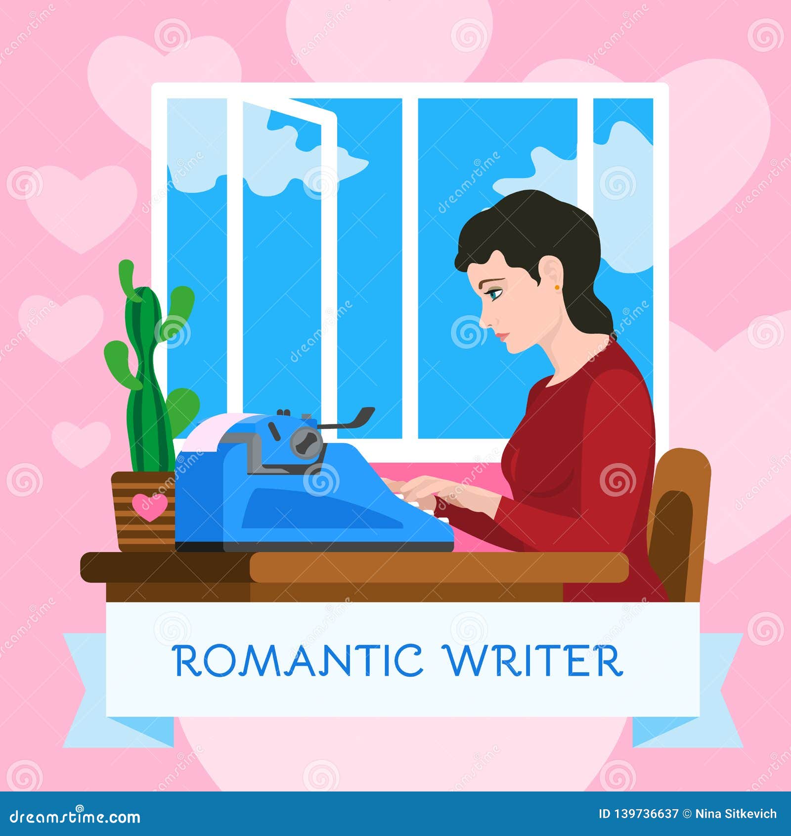Romantic Writer Typewriter Concept Background, Flat Style Stock Vector