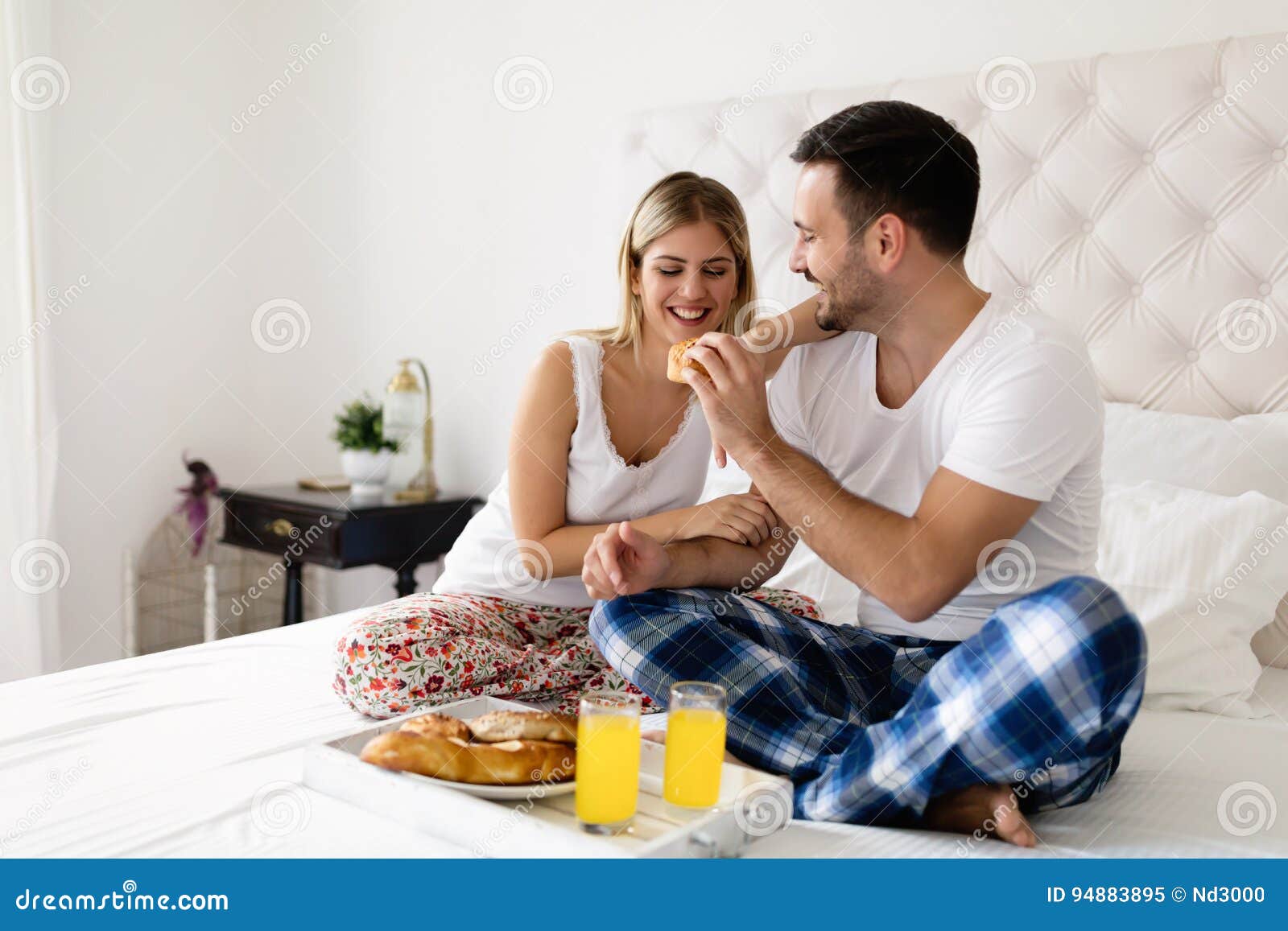 Romantic Young Couple Having Breakfast in Bed Stock Image Image of