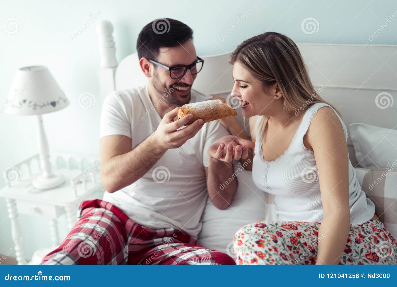 Romantic Young Couple Having Fun In Bedroom Stock Photo I