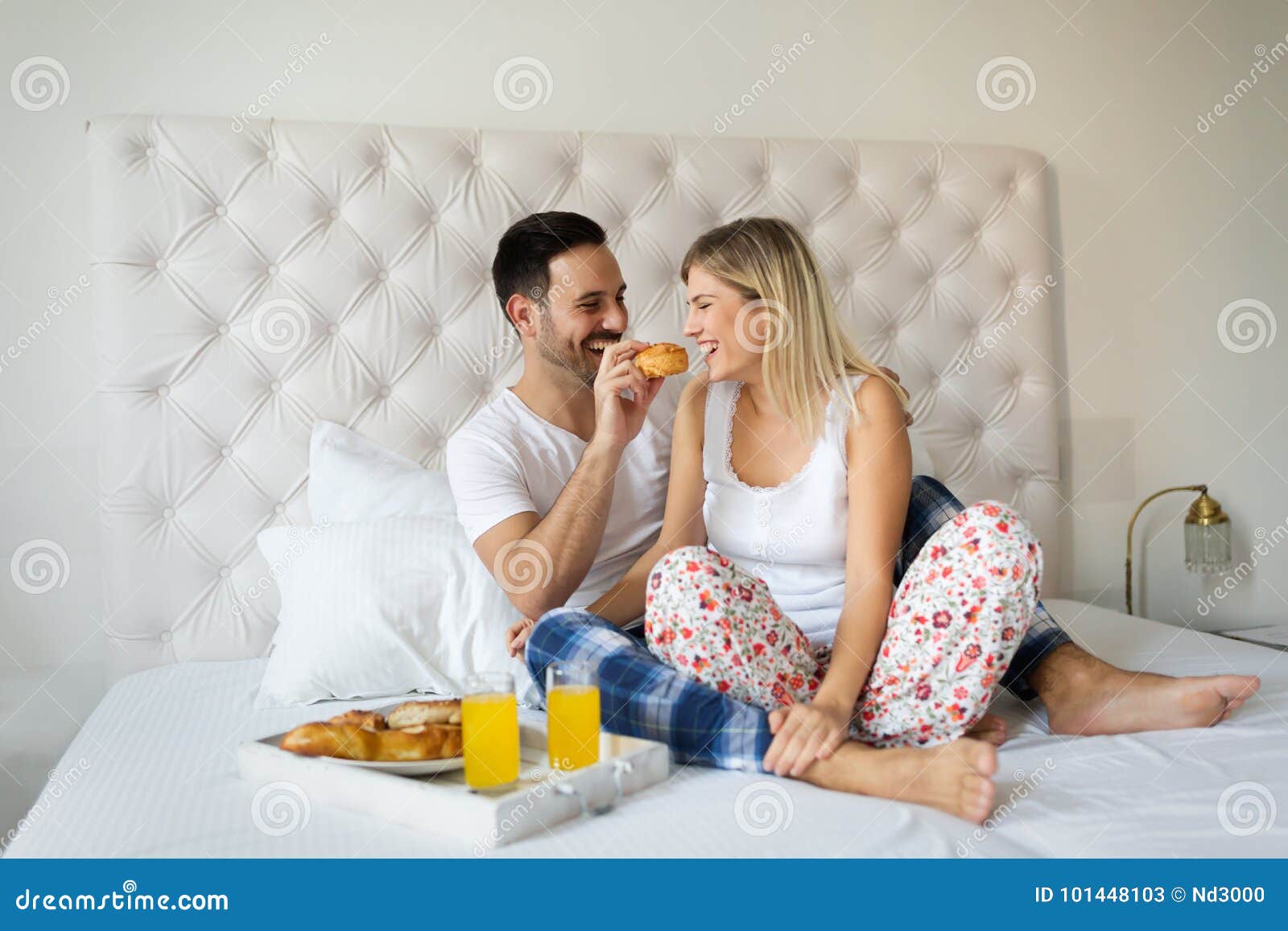 Romantic Happy Couple Having Breakfast in Bed Stock Image Image of