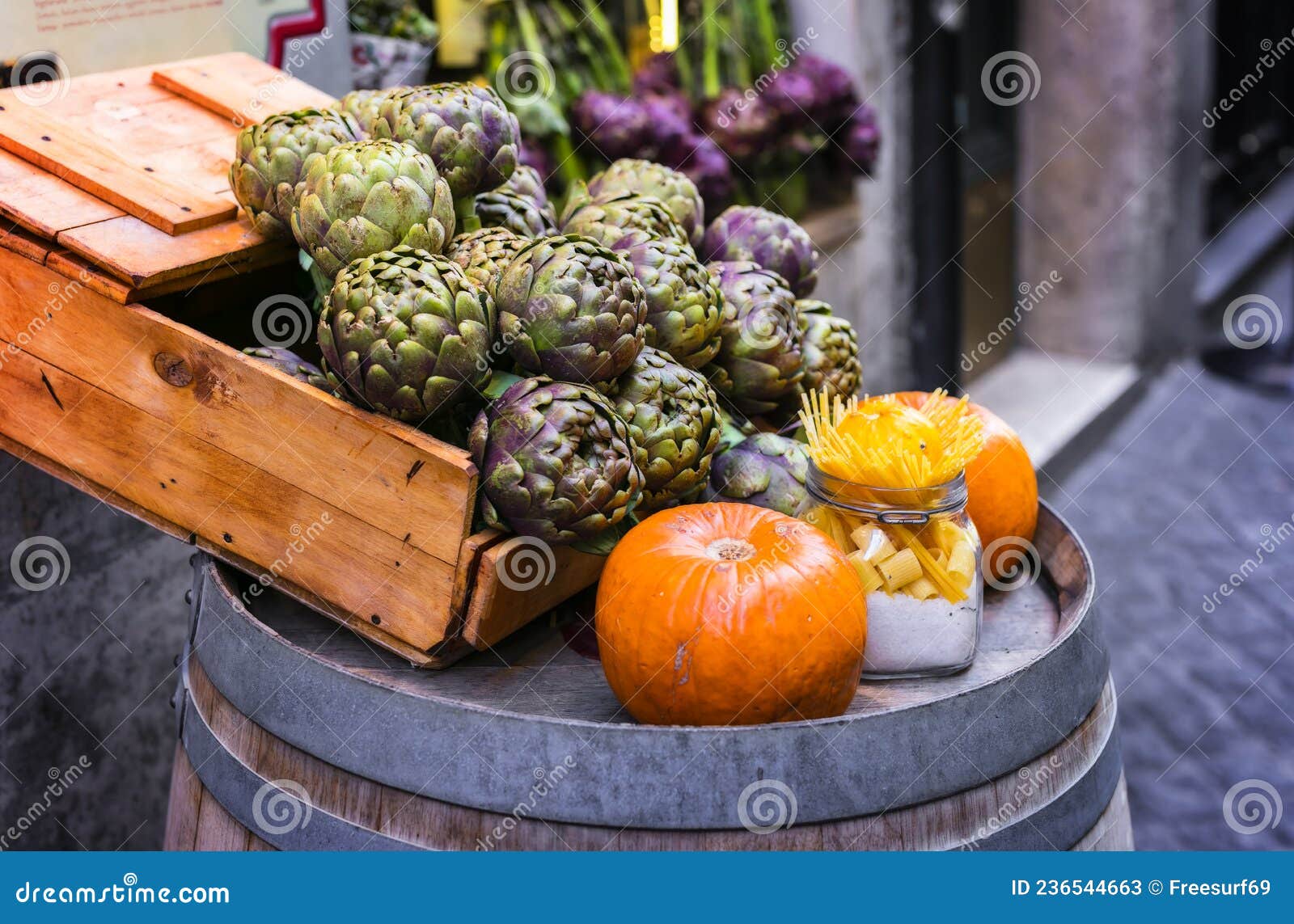 rome street restaurant decoration with seasonal vegetables