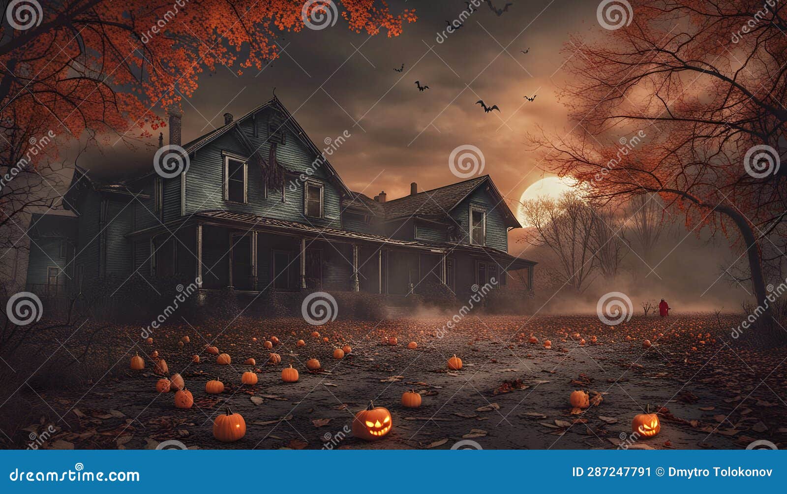 romero movies styled halloween greetings card with abandoned house, bat and pumpkins