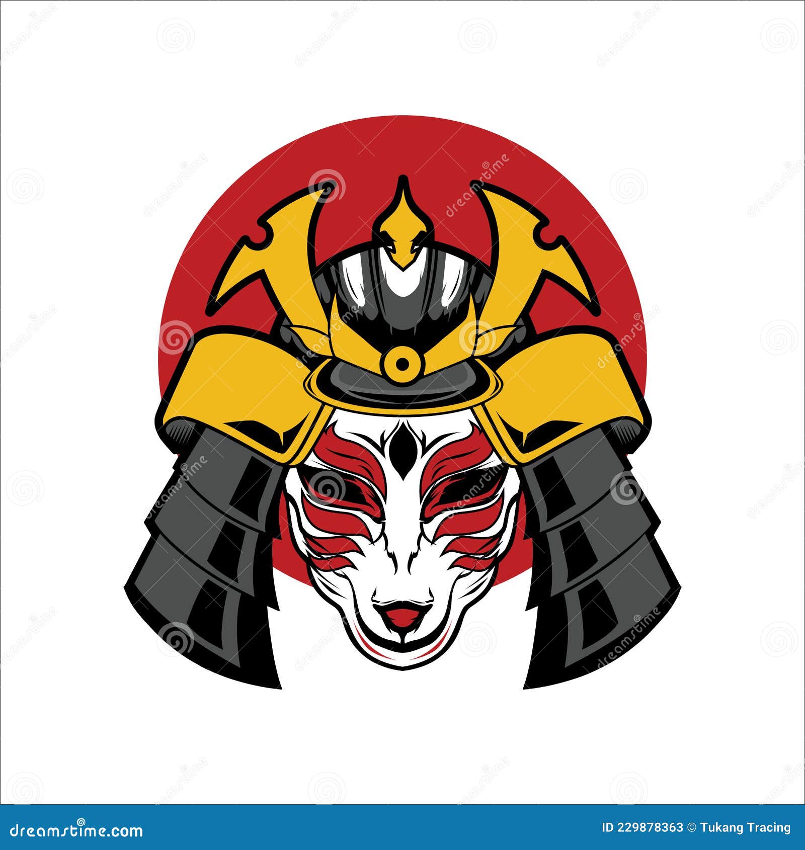 The Red Japan Kitsune Mask With Samurai Vector Art Illustration