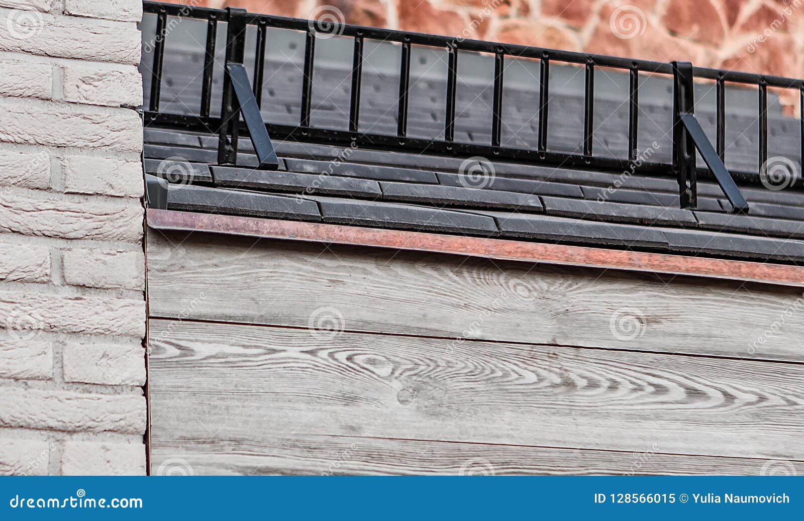 Roof Railing With Gray Wooden Beams, Black Tiles, White ...