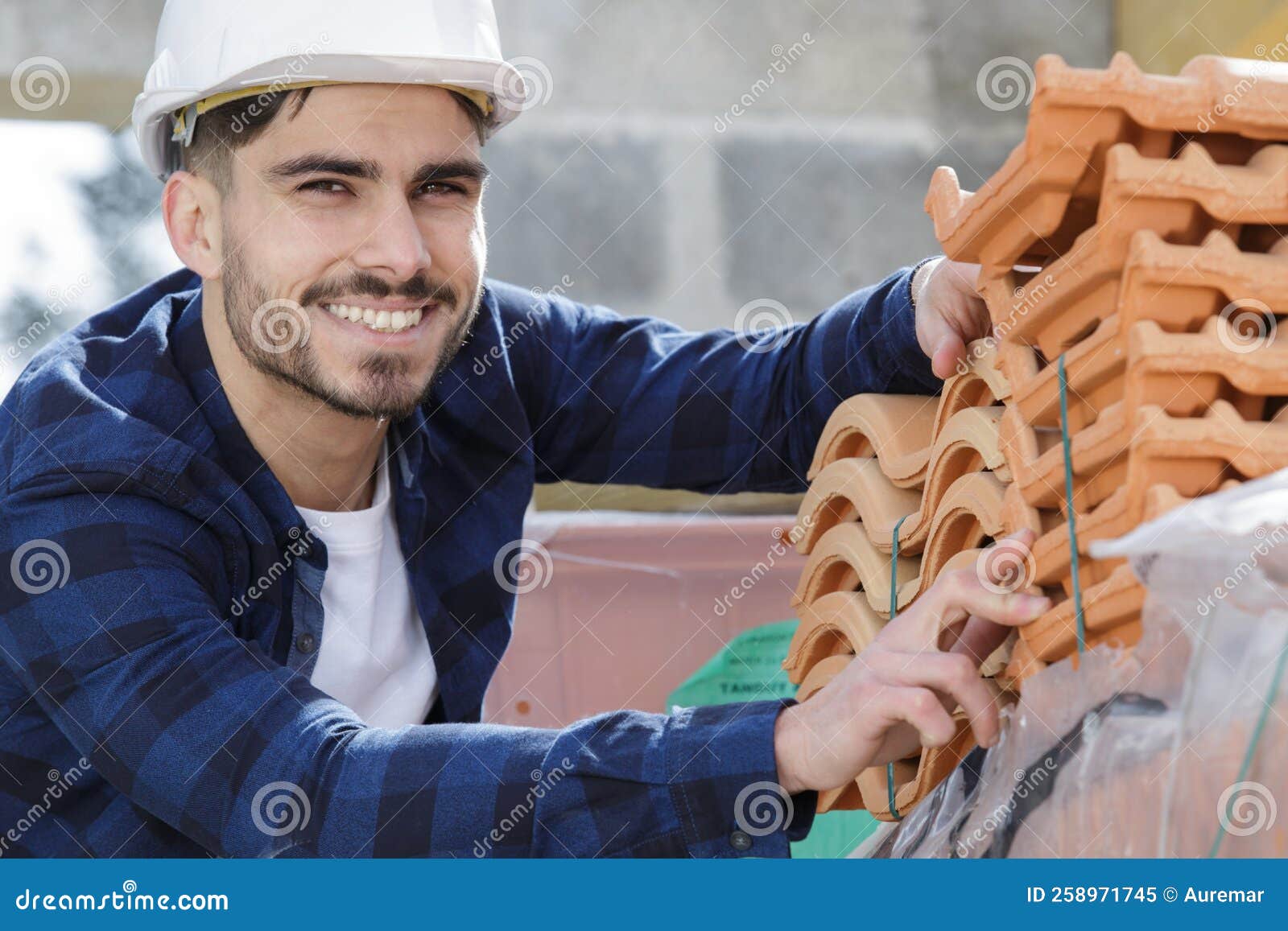 Roofer Builder Worker in between Tiles Stock Image Image of