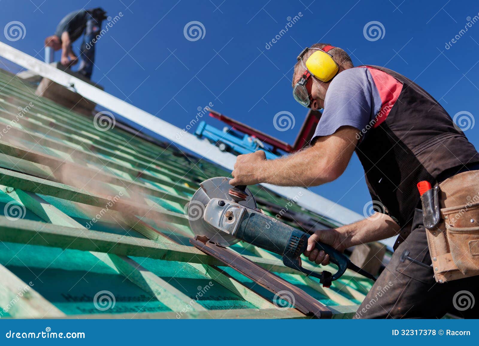 Roofer Using a Hand Circular Saw Stock Photo Image of maintenance