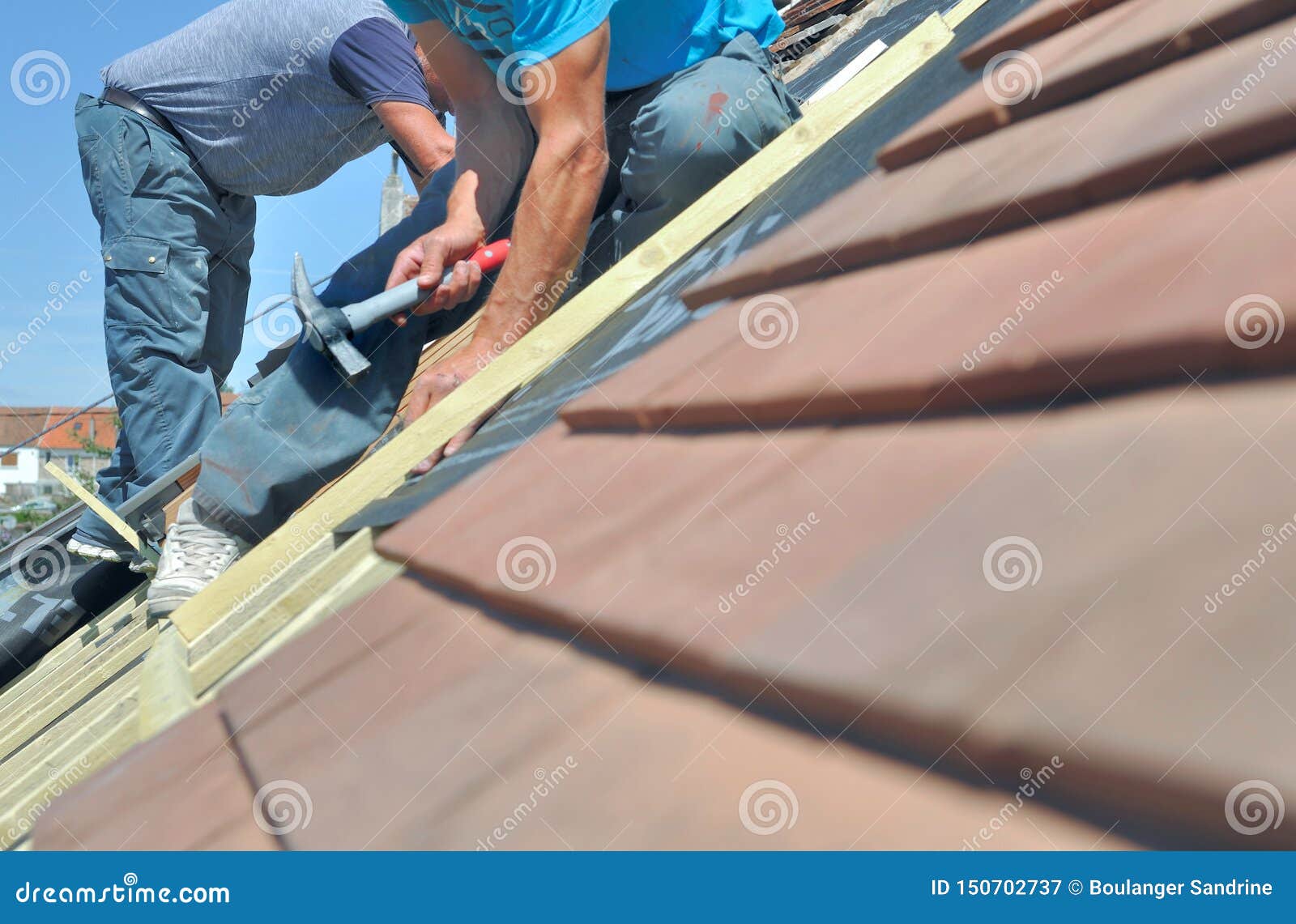 Roofers Working at the Top of a House Stock Image Image of worker