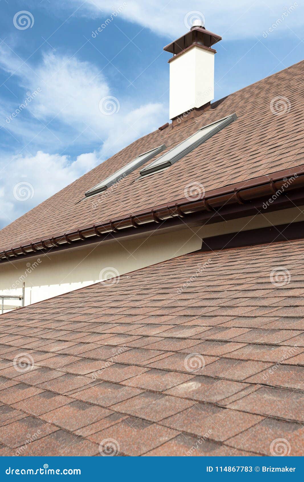 Roofing Construction And Building New House With Modular Chimney, Skylights, Attic, Dormers And