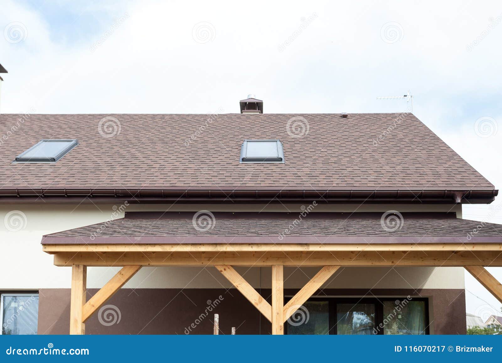 Roofing Construction And Building New House With Modular Chimney, Skylights, Attic, Dormers And