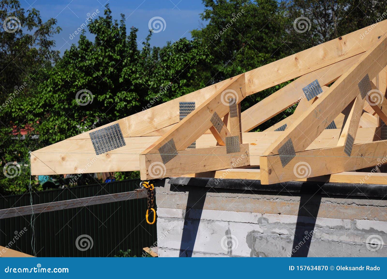 Roofing Construction House Corner Roof With Wooden Beams, Trusses, Frame, Timber And Measurement