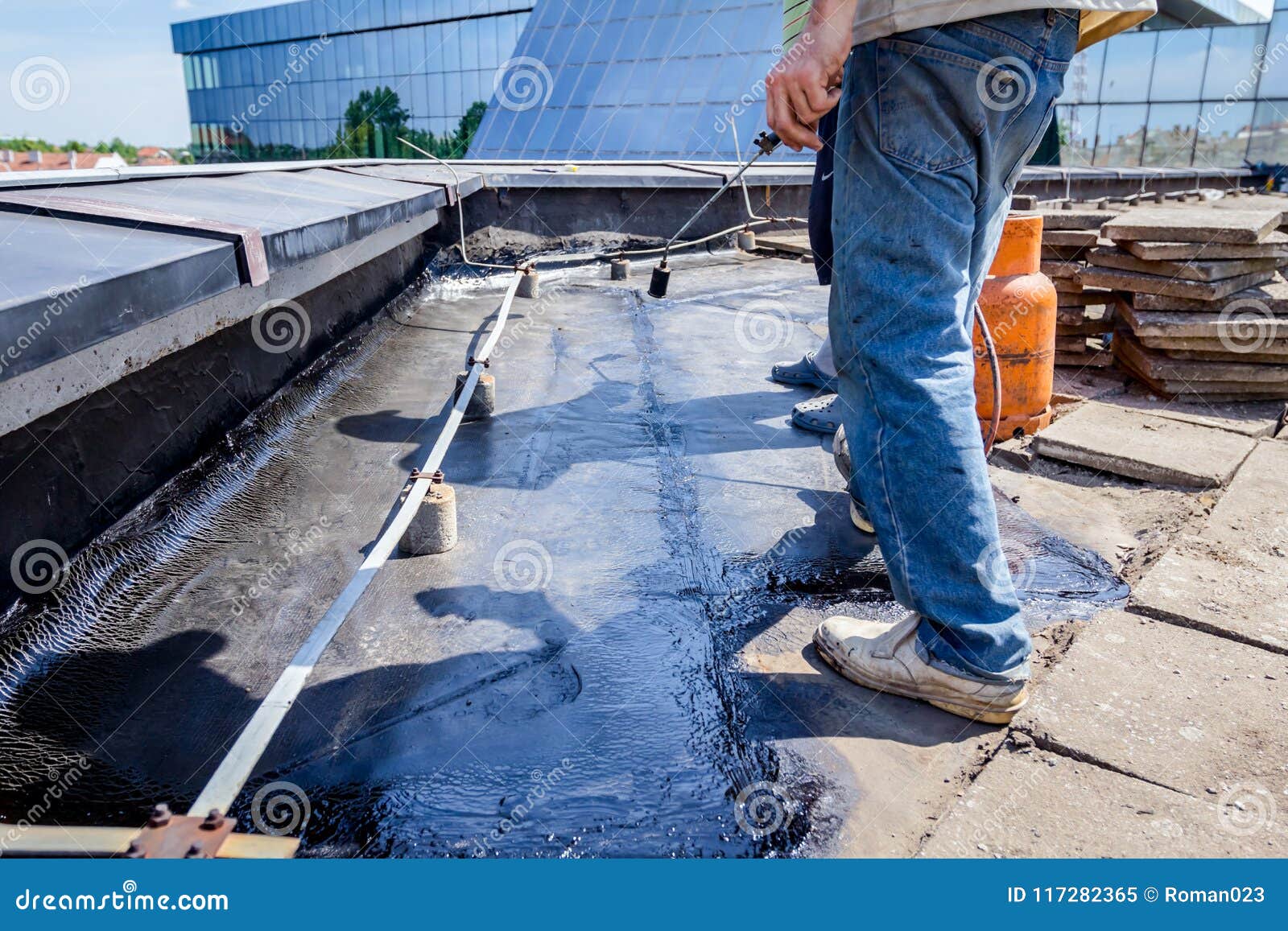 Roofing Installation Resin with Propane Blowtorch Using a Gas Bu Stock
