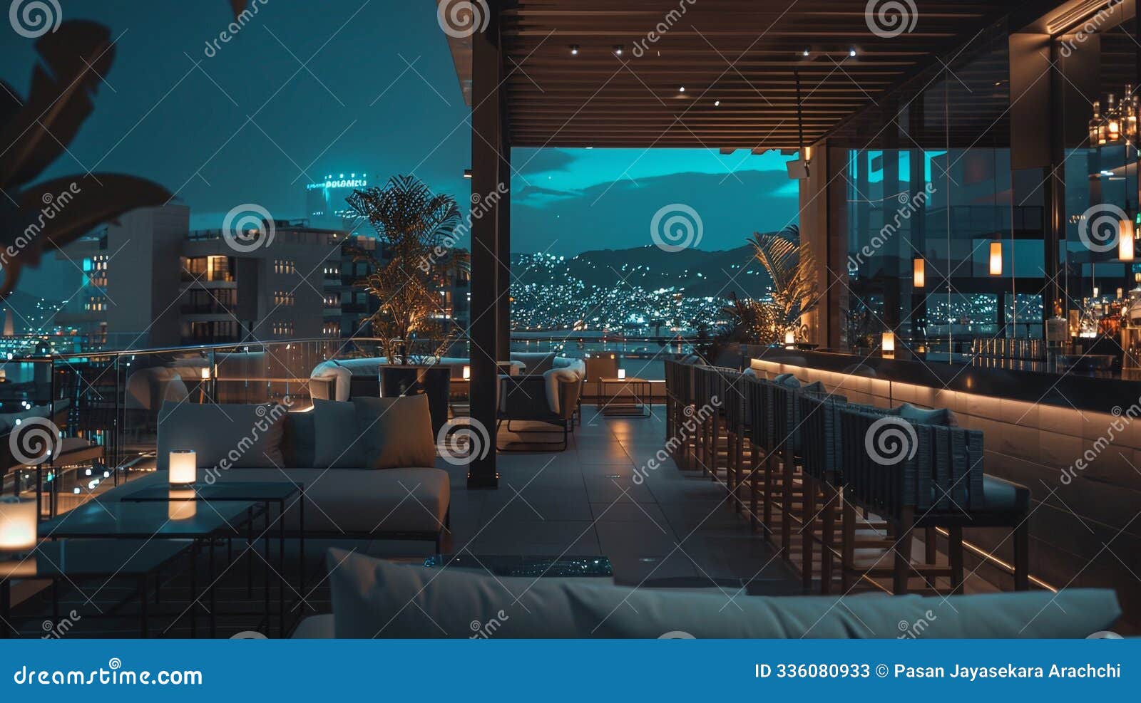 rooftop bar featuring lounge seating with city views