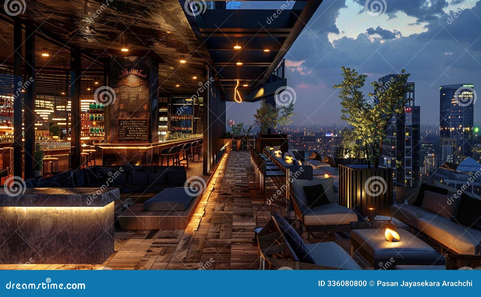 rooftop bar showcasing panoramic city views at night