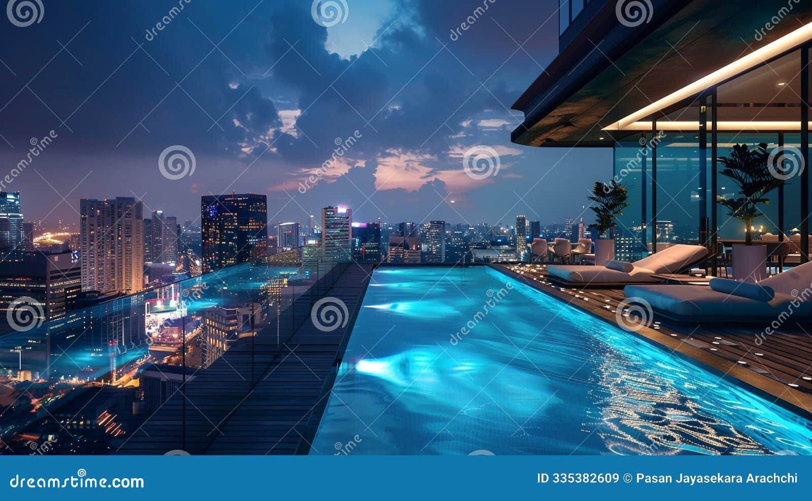 rooftop pool featuring infinity edge showcases city skyline with luxurious seating