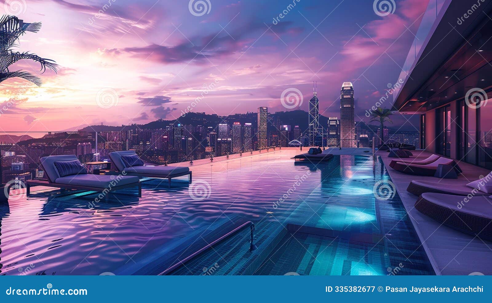 rooftop pool showcases infinity edge with city skyline and luxurious seating