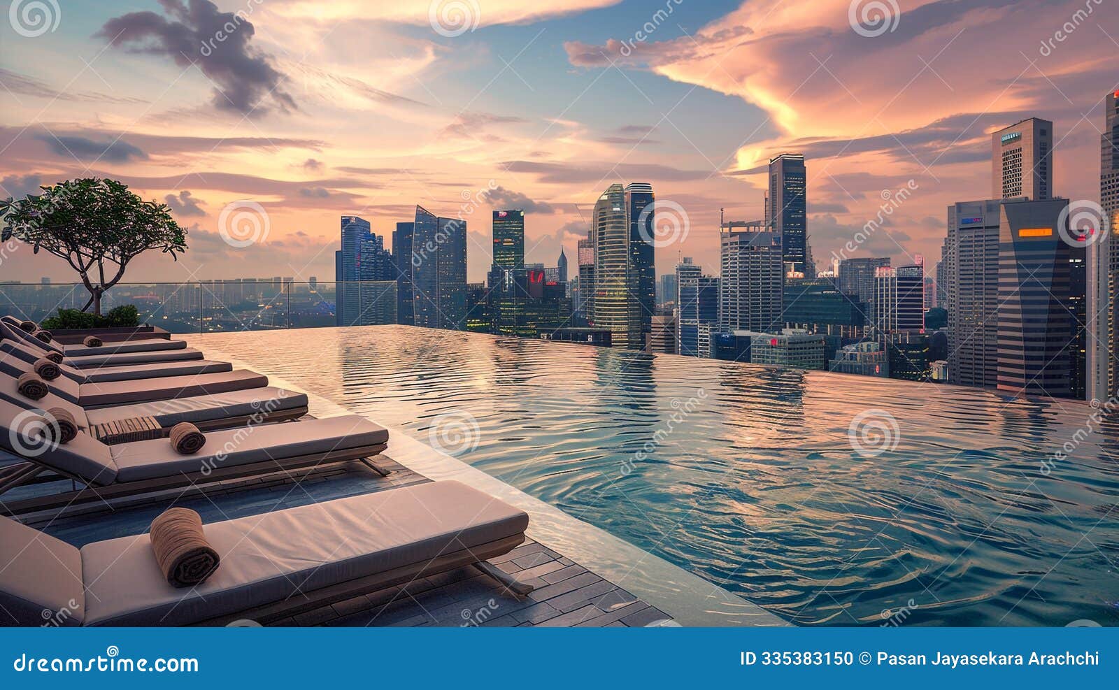 rooftop pool showcases infinity edge with city skyline and luxurious seating