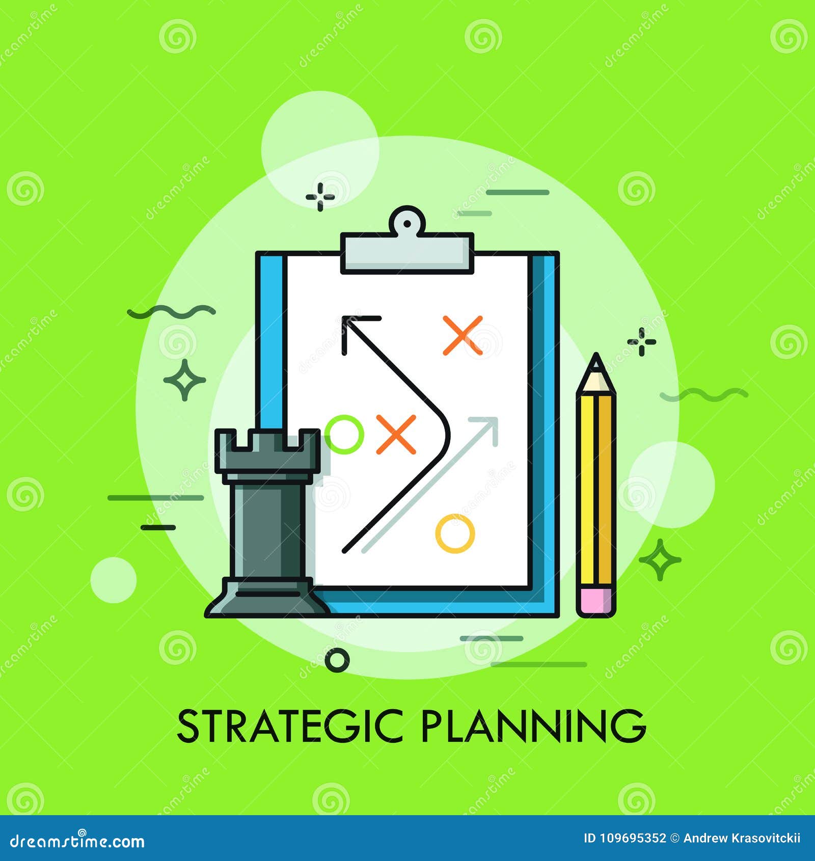 rook chess piece, pencil and strategic plan drawn on paper sheet. planning of business strategy and future development