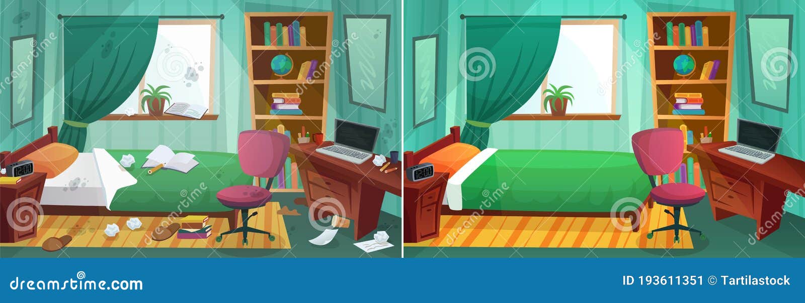 room before and after cleaning. comparison of messy bedroom and clean kid bedroom. home after tiding service