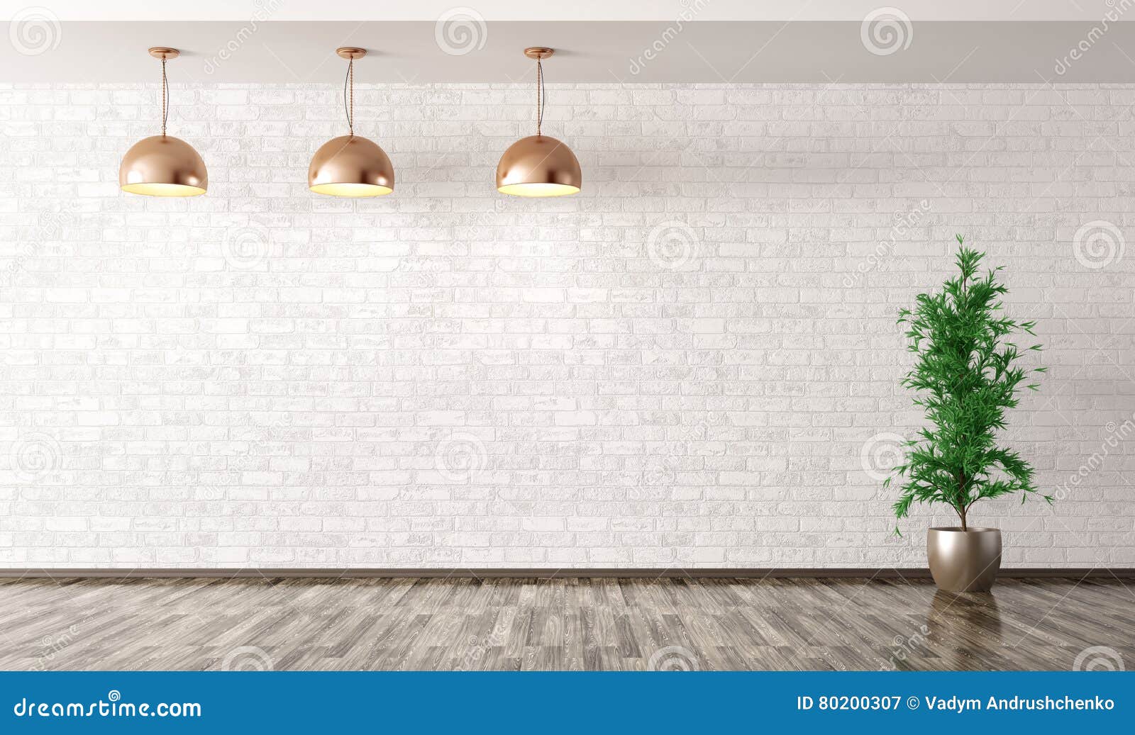 Room With Copper Metal Lamps Over White Brick Wall 3d Rendering Stock Illustration Illustration Of Background Texture