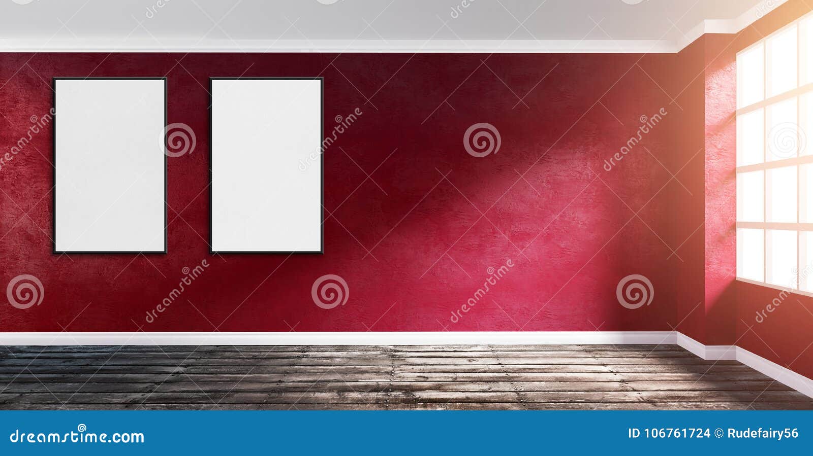 Room Corner With Ruby Red Plaster Wall With Poster Mock Up Stock Illustration Illustration Of Isolated Bright 106761724